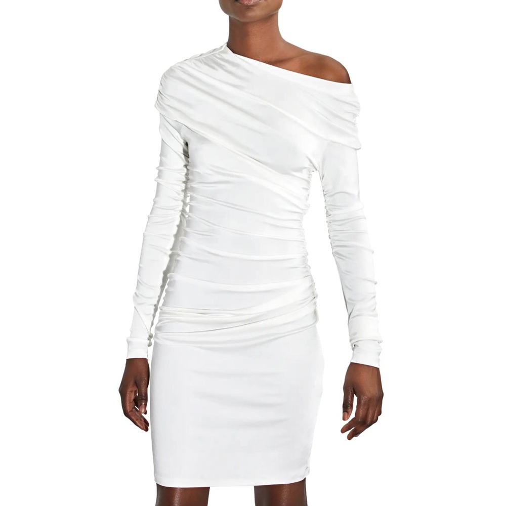 NEW ET OCHS WHITE OFF-SHOULDER RUCHED MINI DRESS